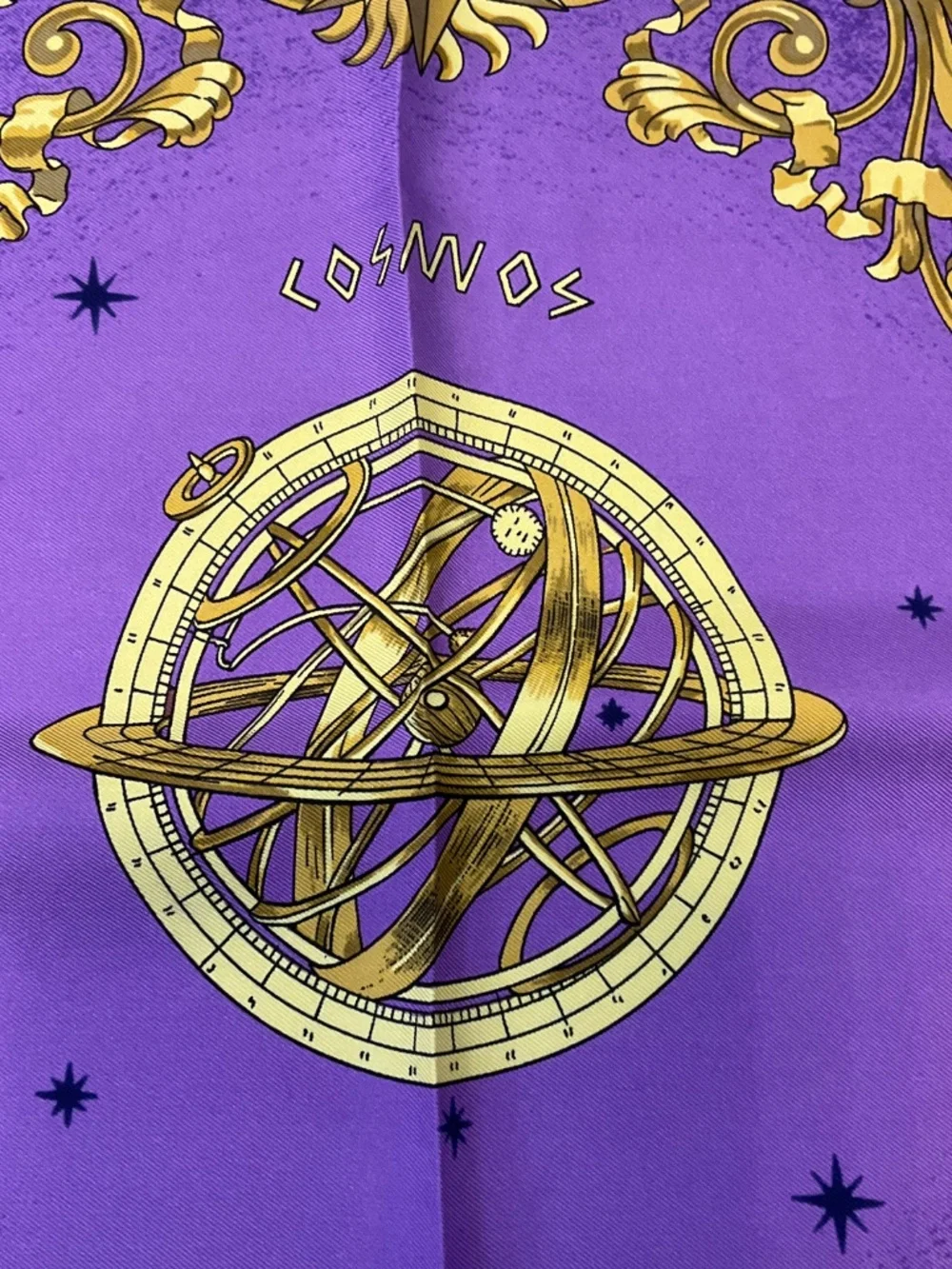 HERMES PURPLE / GOLD MULTI COSMOS PRINT SQUARE SILK TWILL SCARF